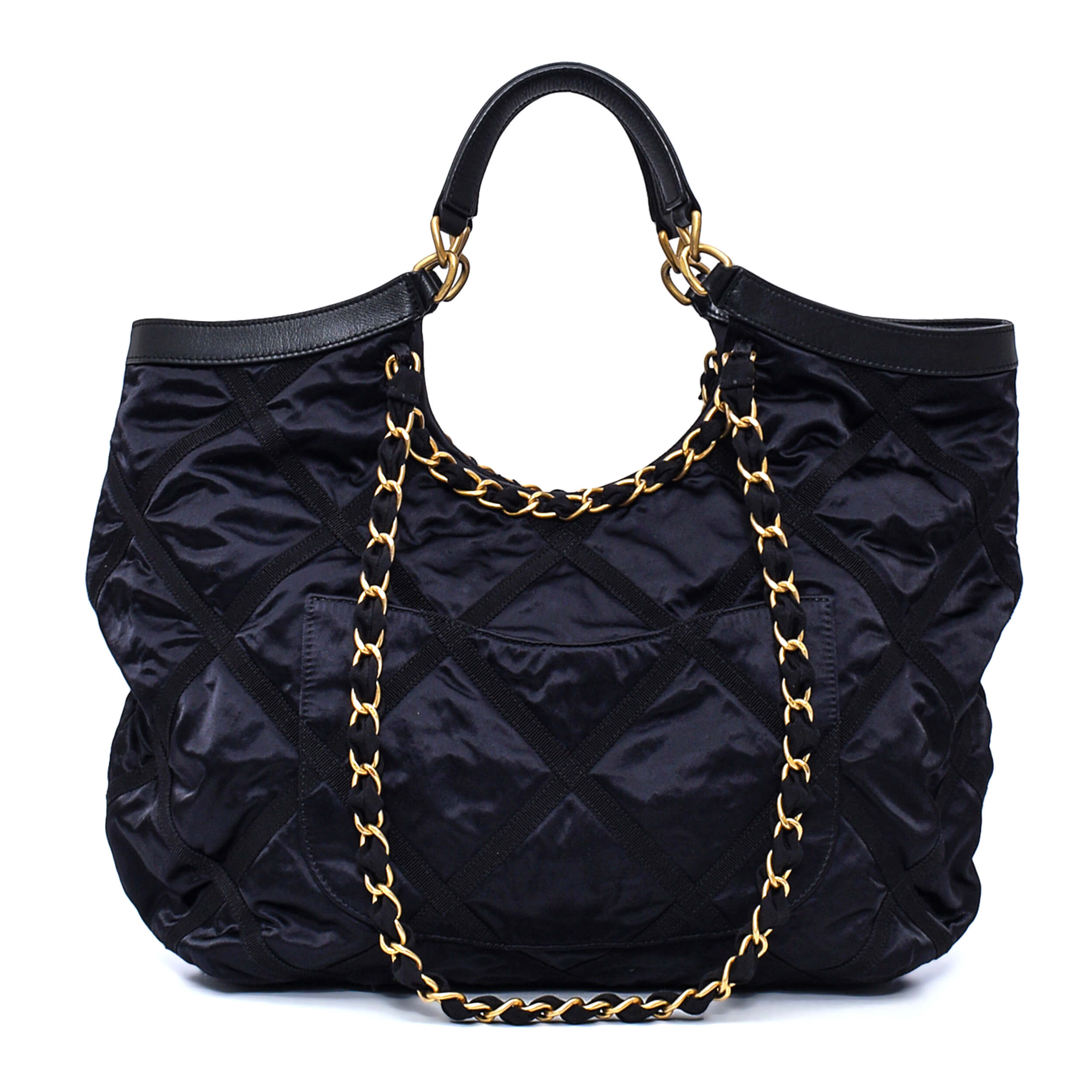 Chanel - Black Quilted Grosgrain Satin&Leather Maxi Shopping Bag